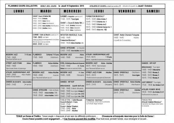 Horaires Cours collectifs 2015-16